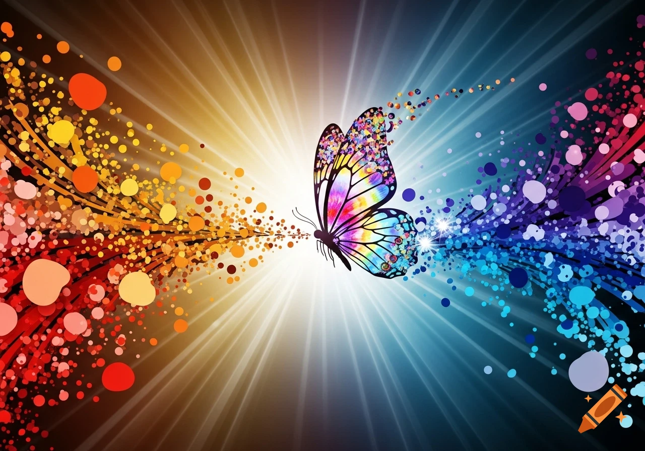 A colorful, glowing butterfly dissolving into particles against a split radiant background of warm and cool light.