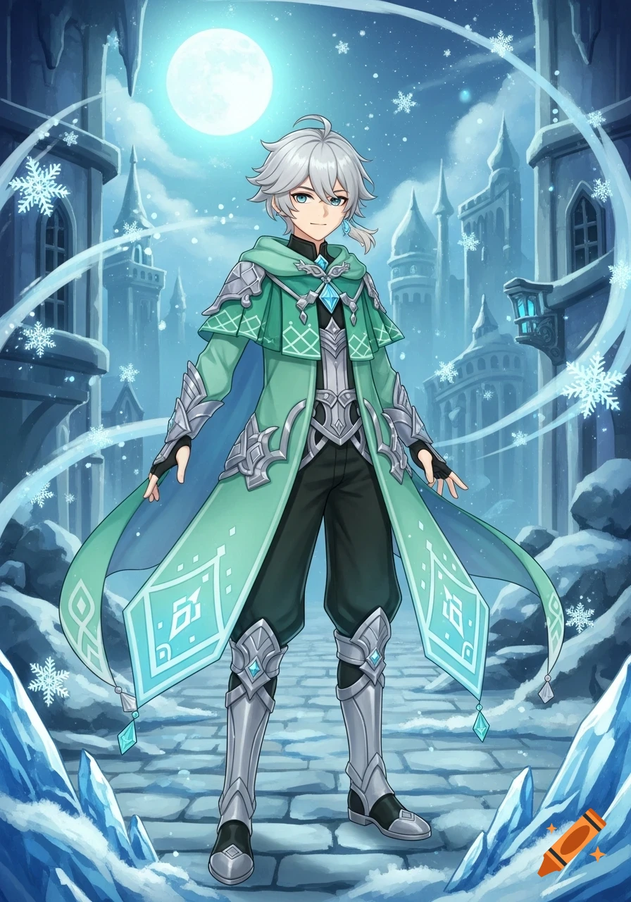 A mint green and silver-clad anime boy with white hair and blue eyes stands in a snowy fantasy city under a full moon, with snowflakes falling.