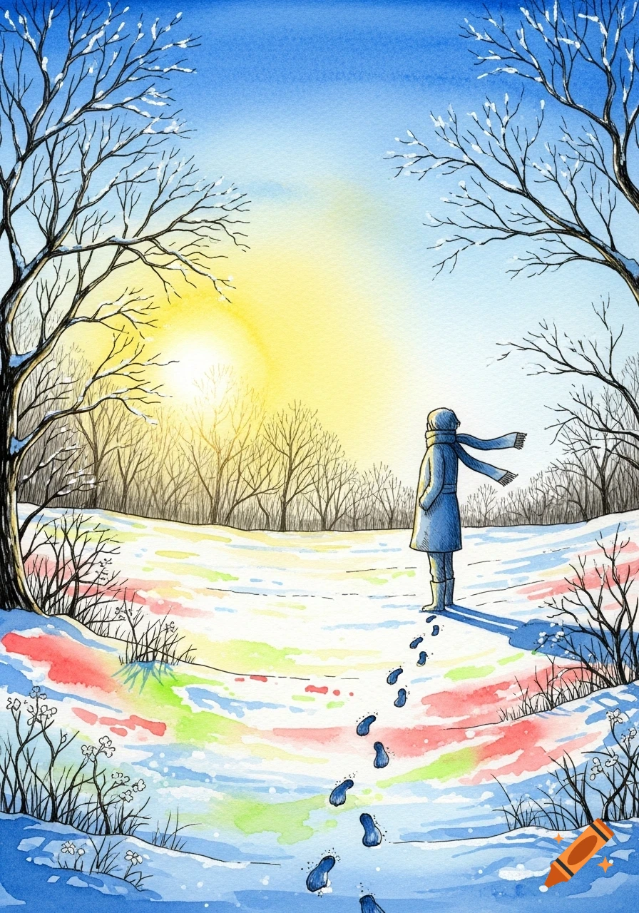 Watercolor painting of a person in a blue coat standing in a snowy field with colorful patches, looking towards a bright sun. Footprints behind them.