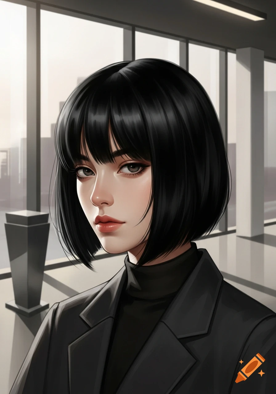 Digital art portrait of a woman with short black bob hair, wearing a black turtleneck and blazer, in a modern building.