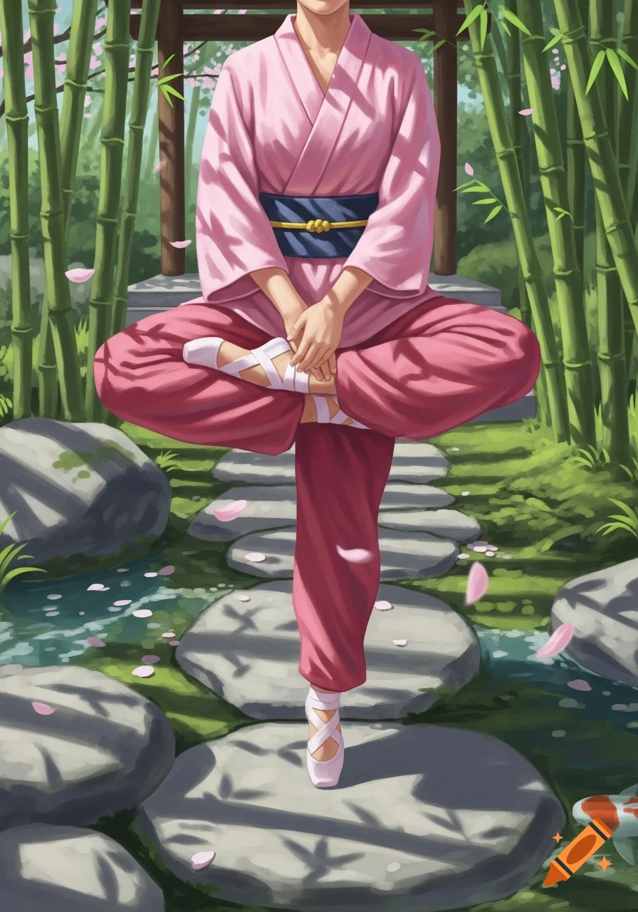 Figure in pink kimono and ballet pointe shoes balancing on one foot in a bamboo Japanese garden with cherry blossoms.
