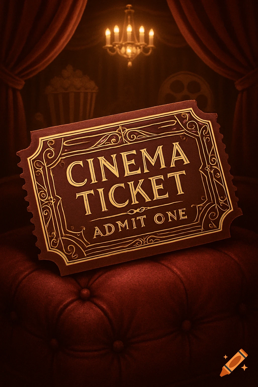 A vintage-style cinema ticket with "CINEMA TICKET" and "ADMIT ONE" sits on a red velvet seat in a dimly lit theater.