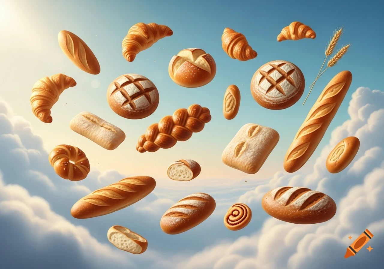 Various baked goods like croissants, baguettes, and loaves float under a bright, cloudy sky in a detailed, dreamlike style.