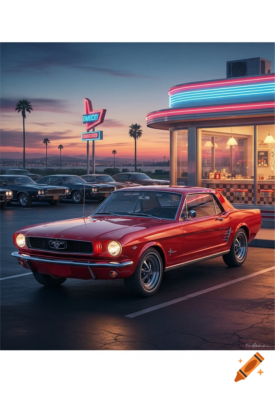 A red classic Ford Mustang is parked in front of a retro diner with neon lights at sunset, with palm trees in the background.