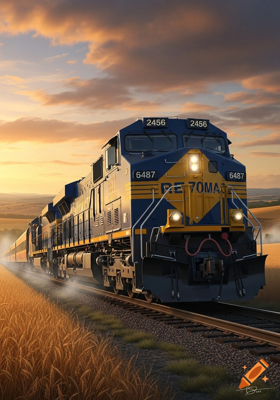 A blue and yellow train with headlights on, speeding through a golden wheat field at sunset under a cloudy sky. Photorealistic style.