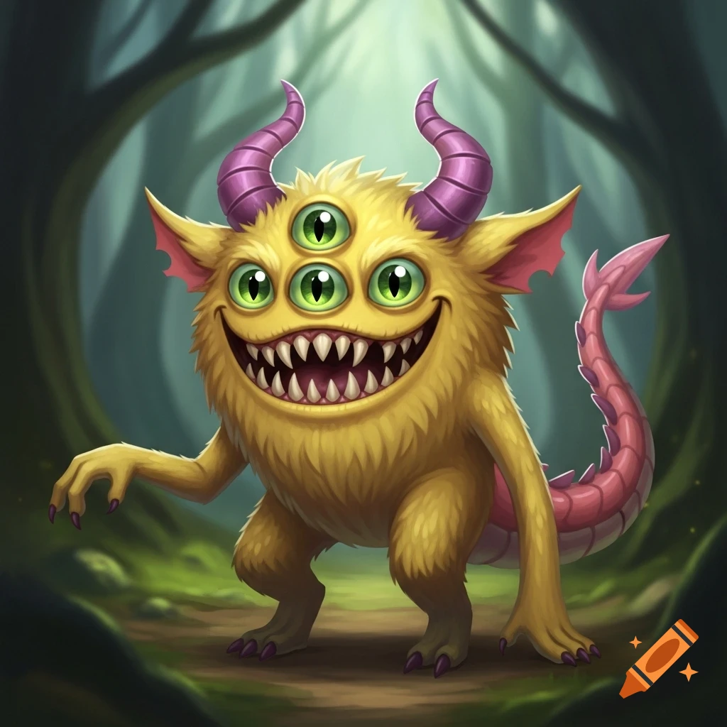 A yellow furry monster with three green eyes, two purple horns, a wide toothy smile, and a pink scaly tail, standing in a forest.