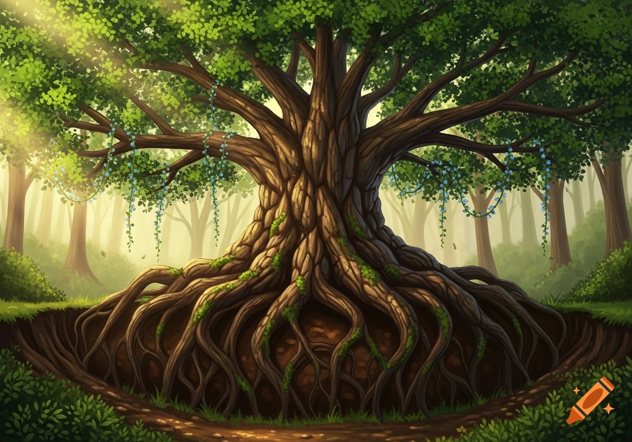 A majestic old tree with sprawling roots above ground, covered in moss, with blue glowing vines, in a sun-dappled forest.