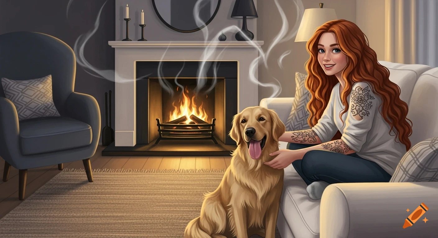 A smiling, red-haired woman pets a golden retriever on a couch in a cozy living room with a fireplace, illustrated.