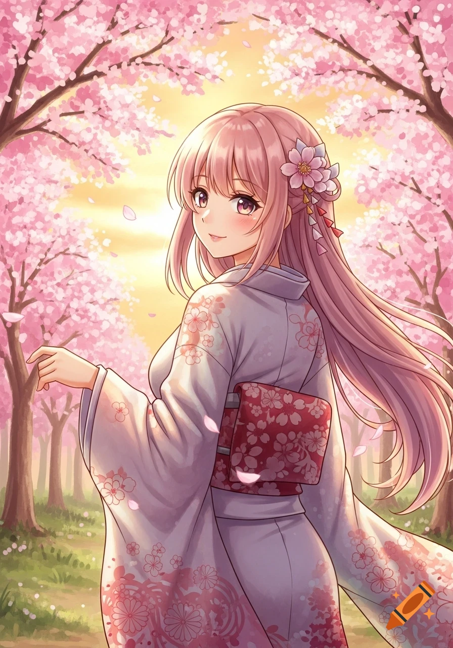 Anime girl with pink hair in a floral kimono, a flower in her hair, stands amidst cherry blossom trees at sunset.