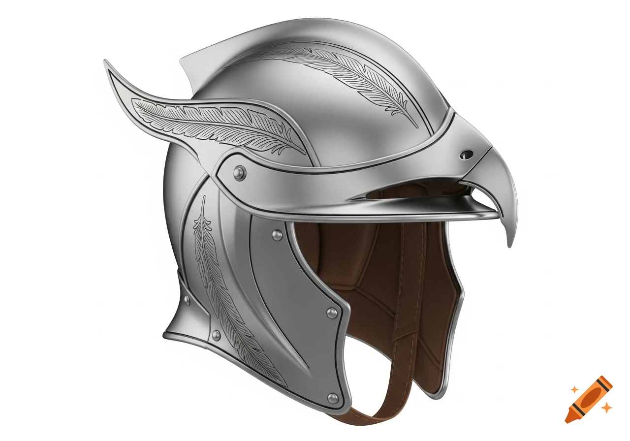 A photorealistic silver helmet designed like a falcon, with feather engravings and a brown leather interior, on a white background.