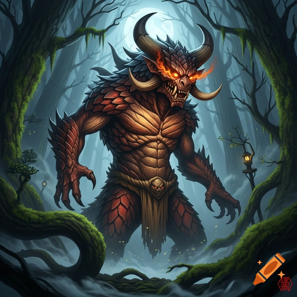 A fearsome, scaly red monster with glowing eyes and horns stands in a dark, misty fantasy forest.