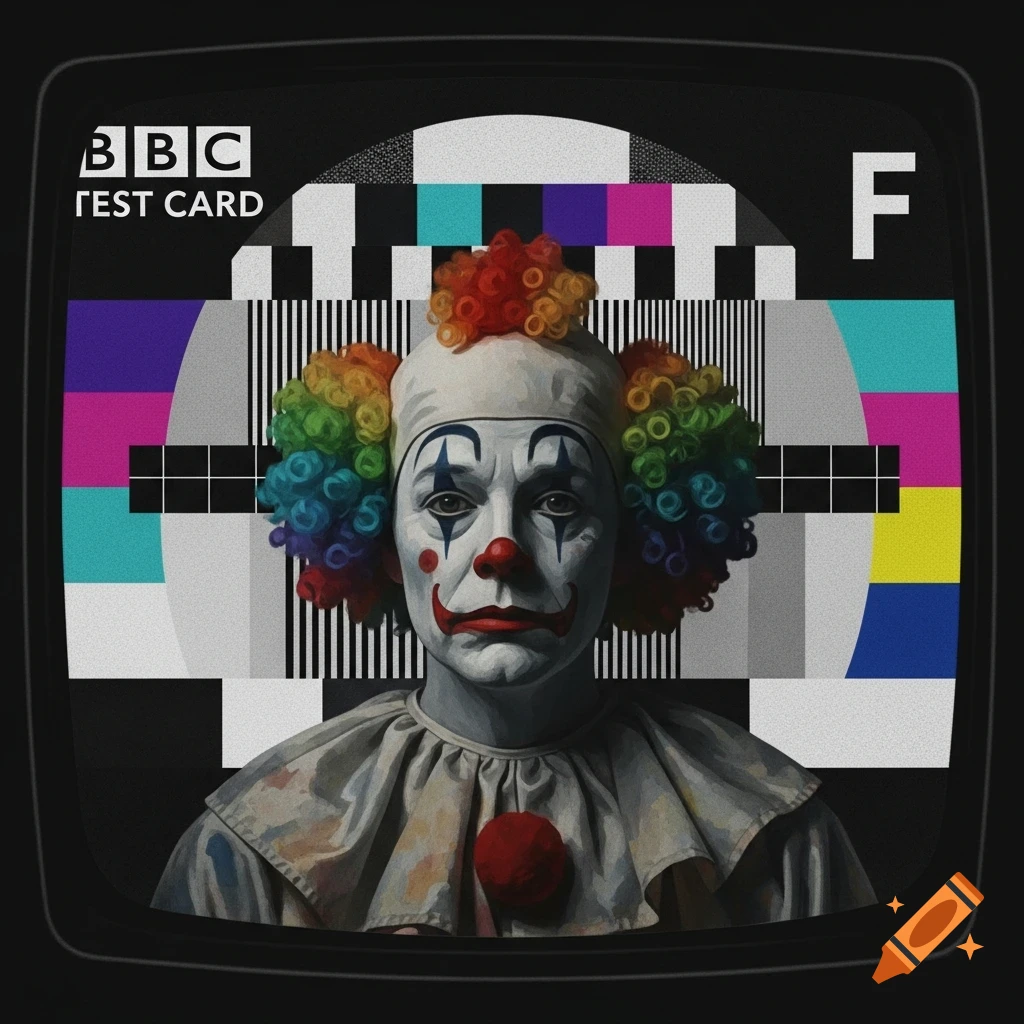A stylized portrait of an unhappy clown with rainbow hair on a BBC test card displayed on an old TV screen.