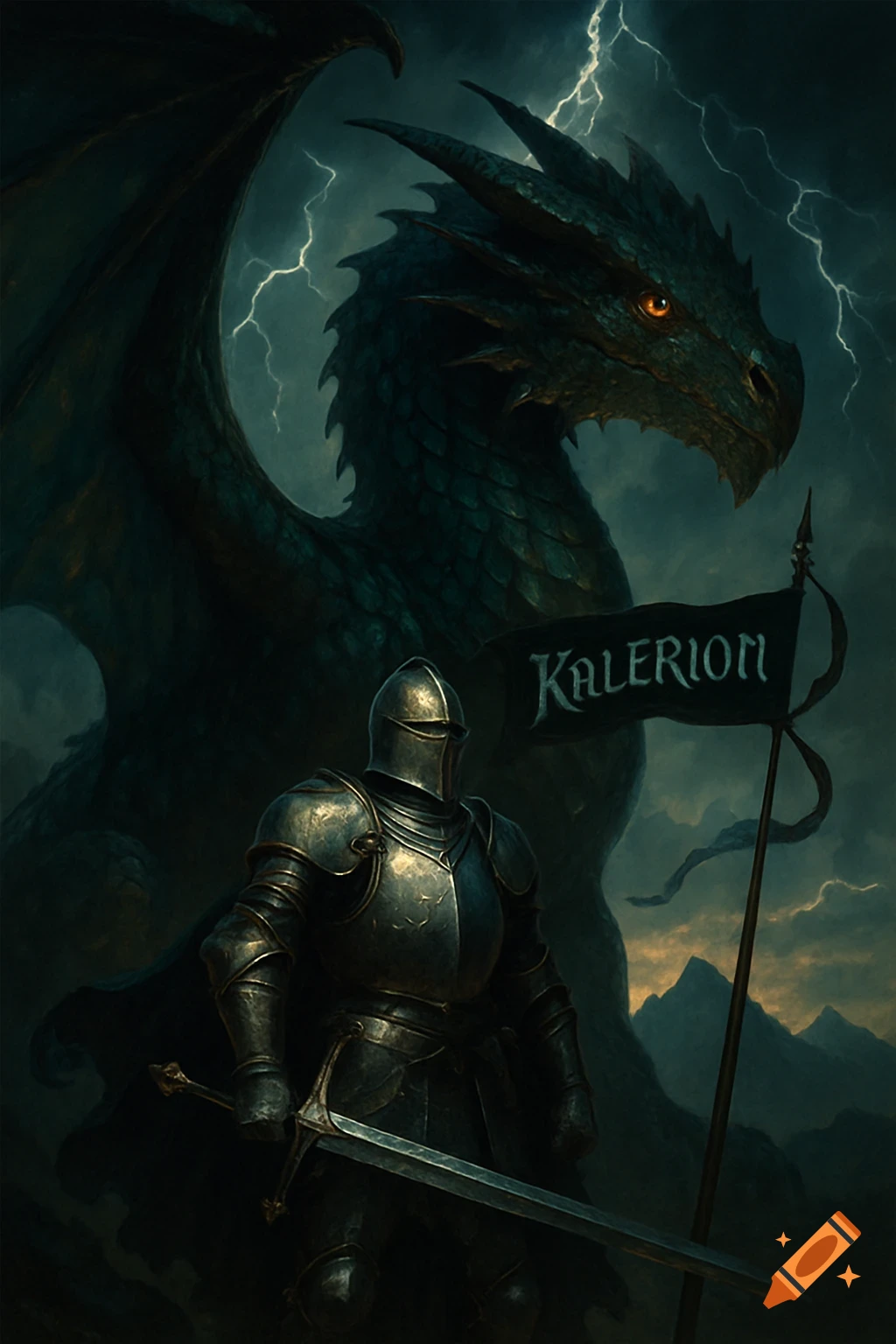 A knight in shining armor stands with a sword before a massive dragon, a flag with 'KALERION' visible, set against a stormy sky with lightning.