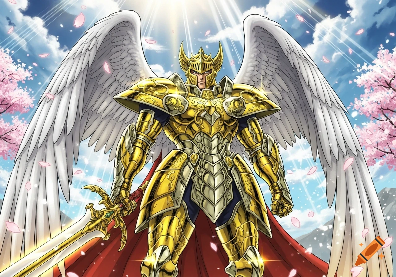 A golden armored knight with large white wings holds a sword under a bright sky with cherry blossoms, in manga style.