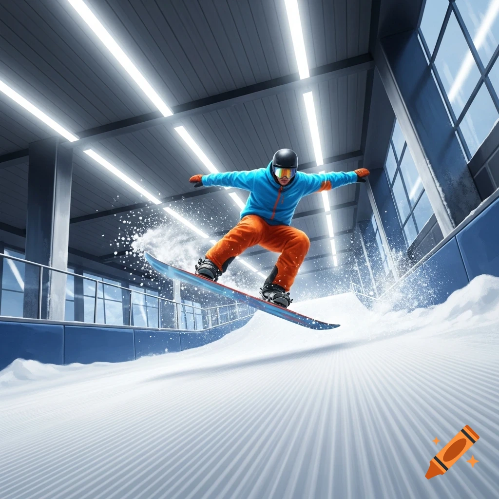 A snowboarder in a blue jacket and orange pants is airborne in an indoor ski hall, kicking up snow.