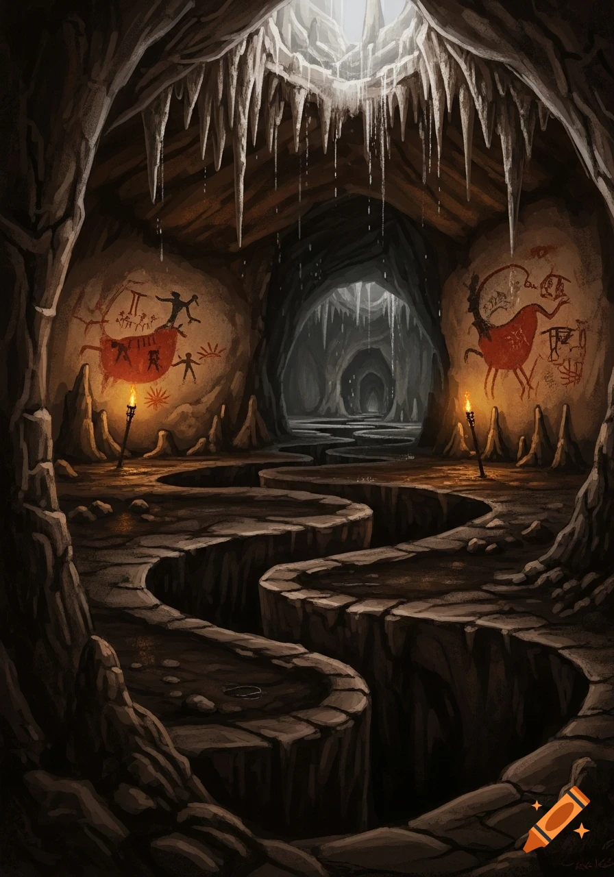 A fantasy illustration of a winding cave with stalactites, illuminated torches, and ancient red cave paintings on the walls.