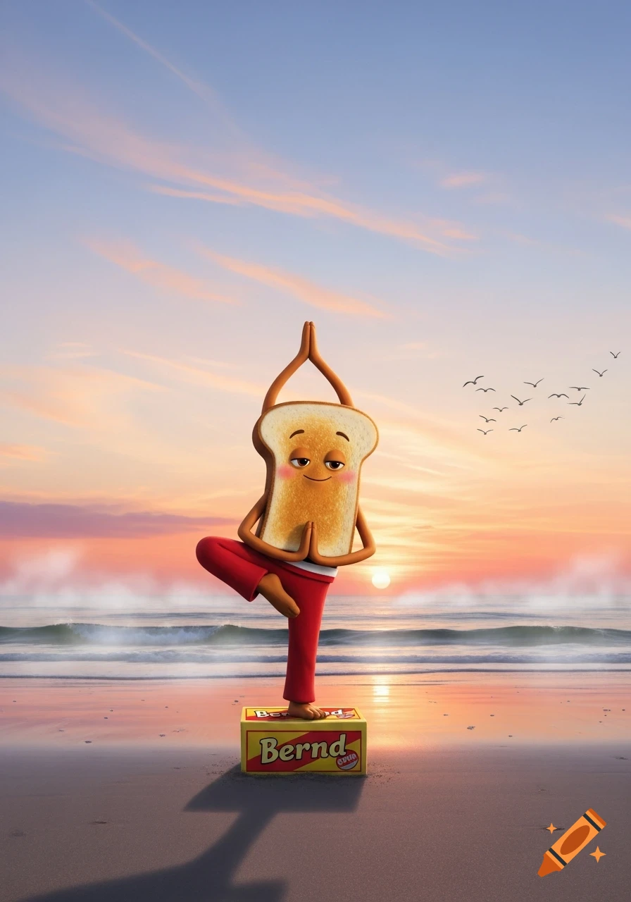 Cartoon toast character 'Bernd' in red pants performs a yoga tree pose on a yellow box on a sandy beach at sunset.