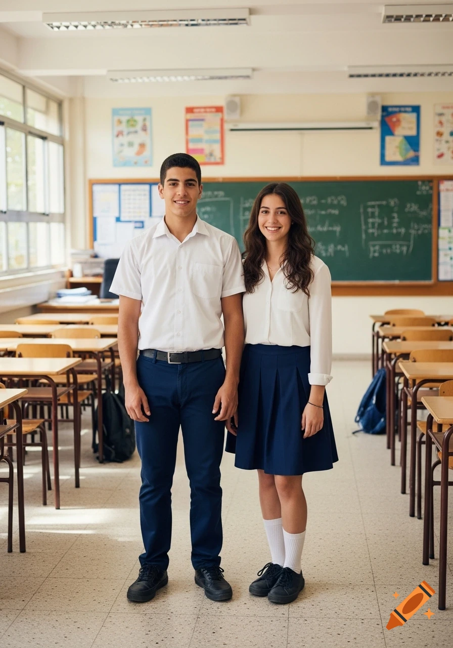Two smiling Israeli high school students, a male and a female, stand in the front of a classroom wearing typical school uniforms.