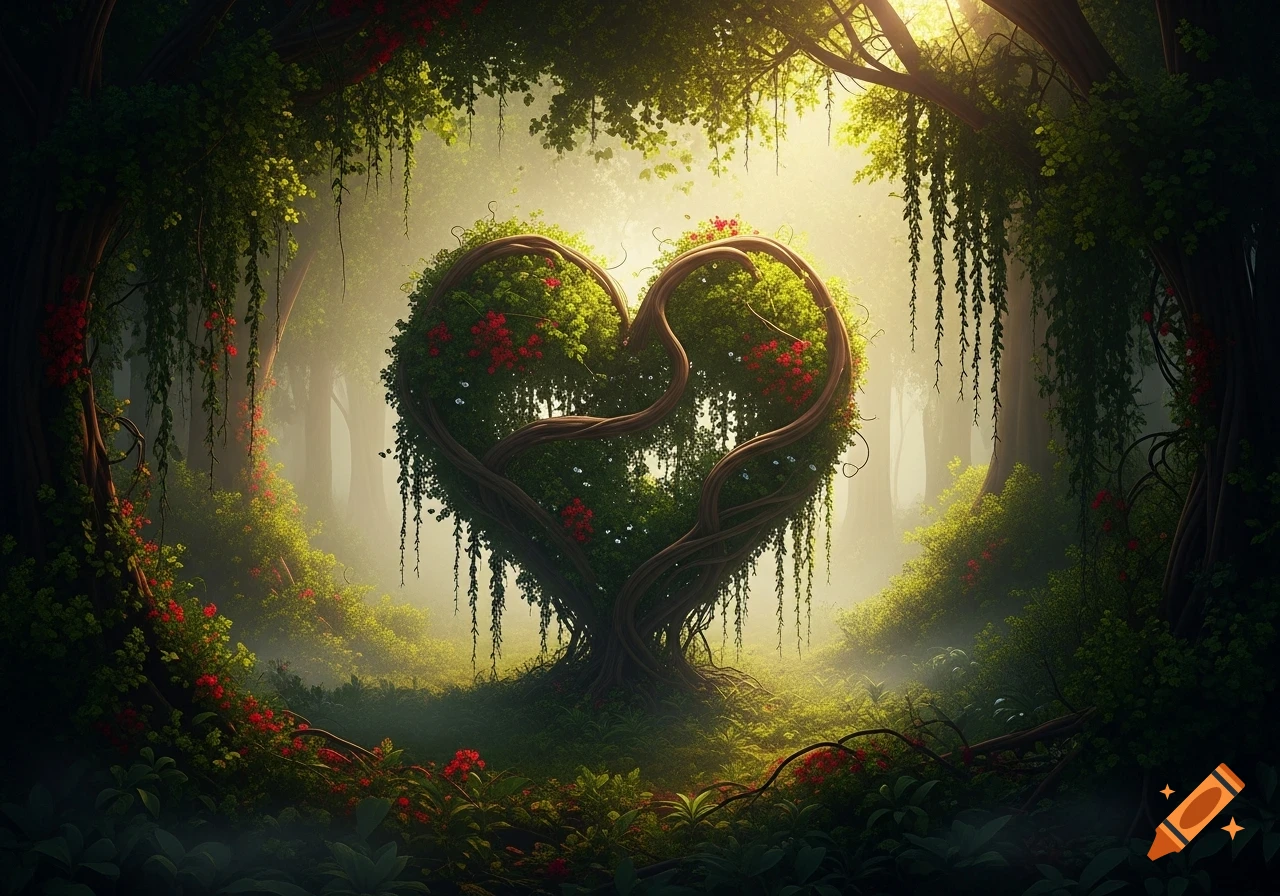 Lush magical forest scene with a tree forming a heart shape, illuminated by a warm glow.