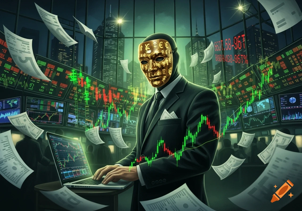 A masked stock trader in a suit types on a laptop in front of glowing financial market screens with graphs and currency symbols, with money floating around.