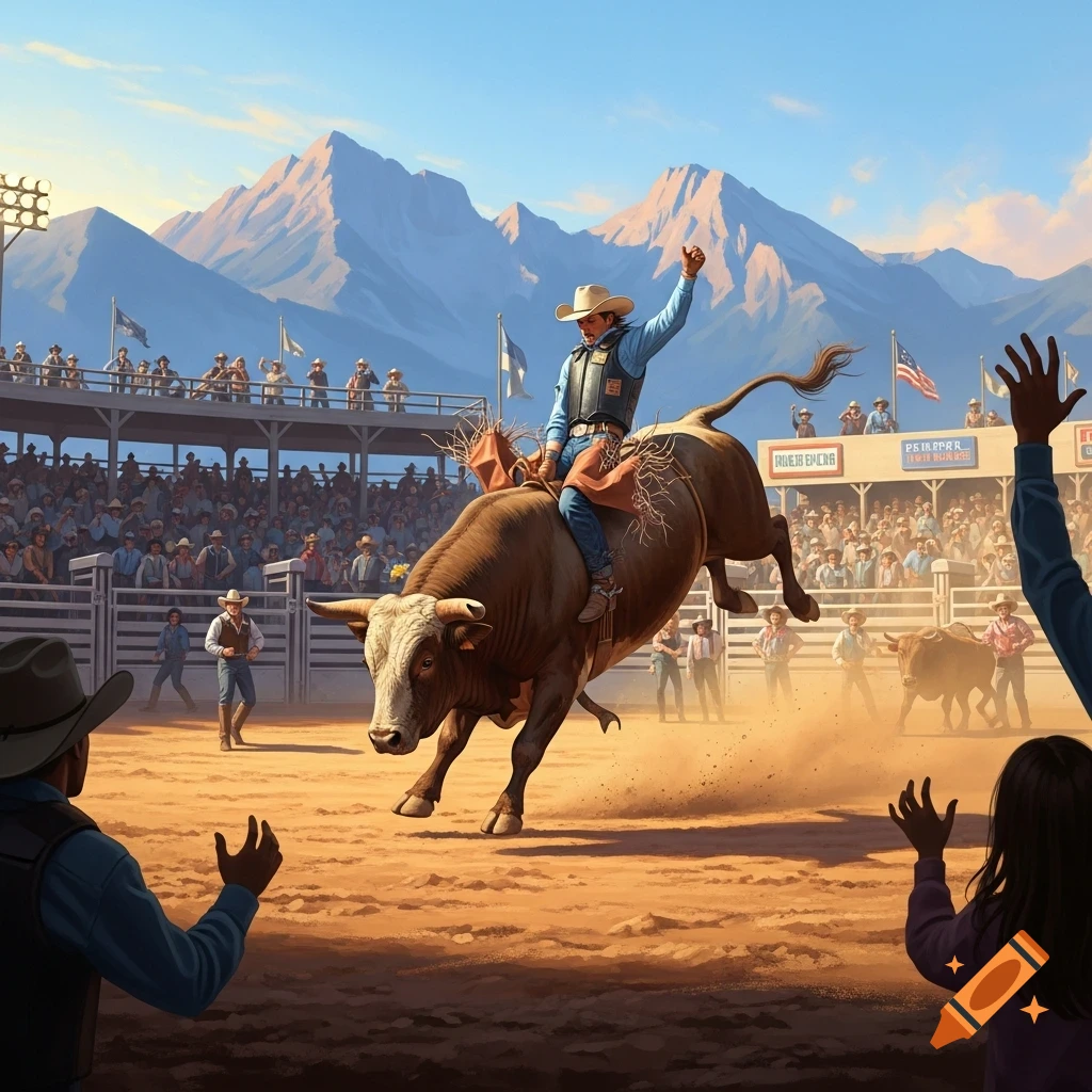 A cowboy rides a bucking bull in a dusty rodeo arena as spectators cheer, with mountains in the background.