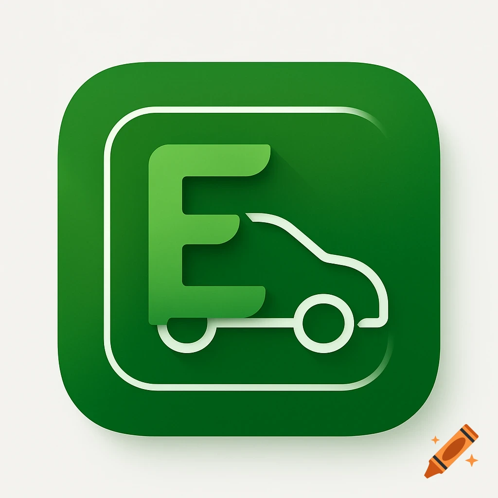 Minimalist green app icon with a stylized letter 'E' and a white outline of a car.