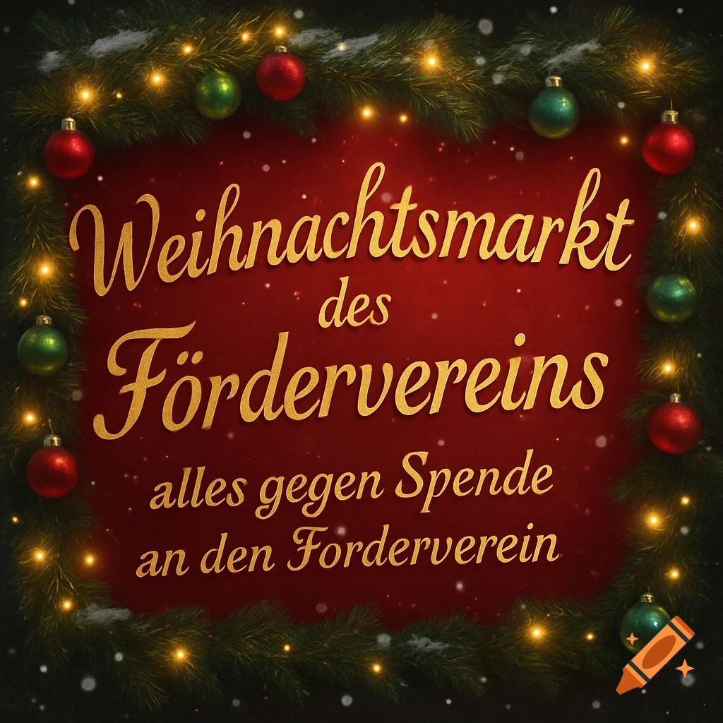 A festive Christmas sign featuring a wreath border, glowing lights, and ornaments, with German text in gold lettering.