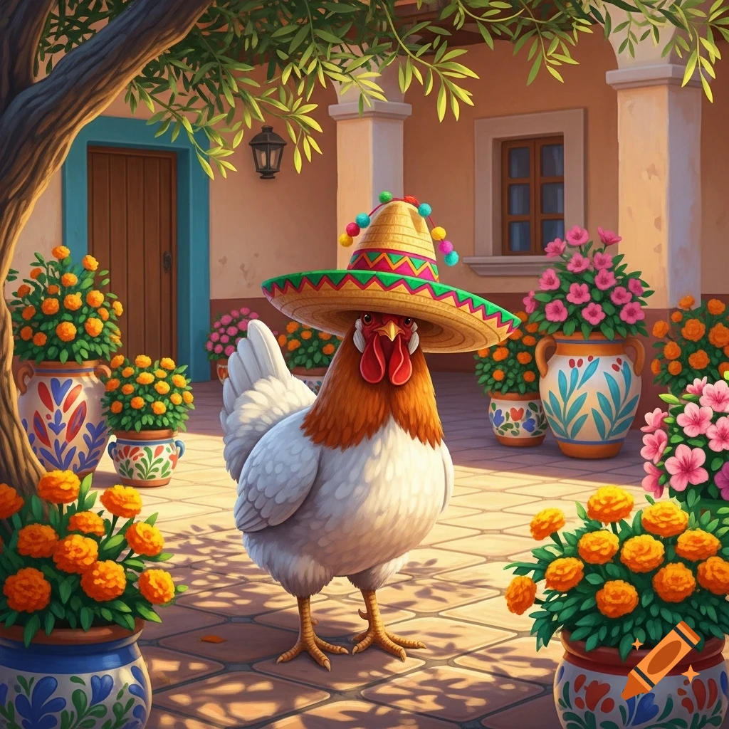 A cartoon chicken wearing a colorful Mexican sombrero stands in a sunny courtyard filled with potted marigolds and pink flowers.