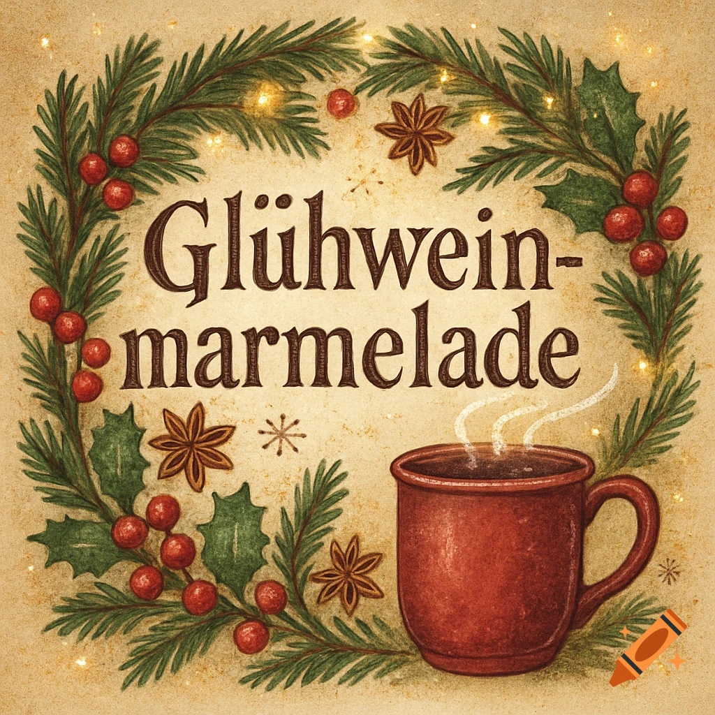 Vintage Christmas label for mulled wine jam with a pine wreath, berries, star anise, 'Glühwein-marmelade' text, and a steaming red mug.