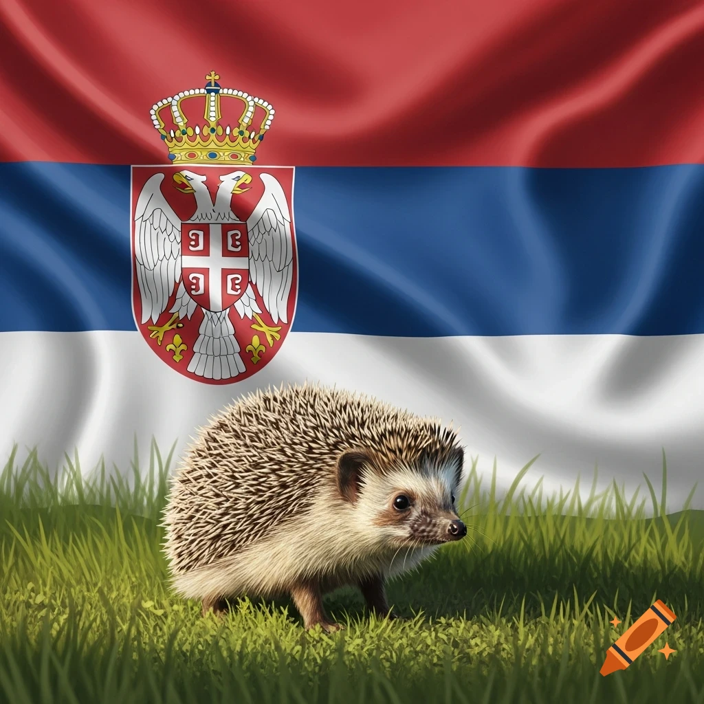 A fluffy hedgehog stands in green grass in front of the waving Serbian flag with its national emblem.