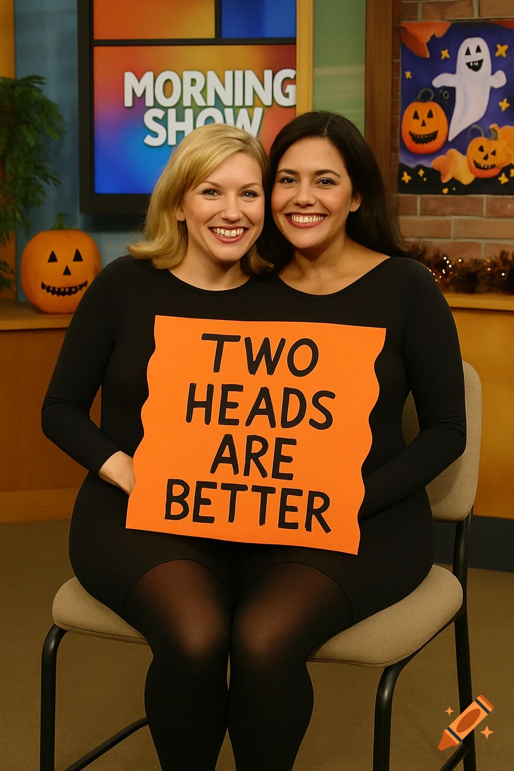 Two women in black bodysuits dressed as a two-headed person Halloween costume on a TV morning show set, holding an orange sign that says 'TWO HEADS ARE BETTER'.