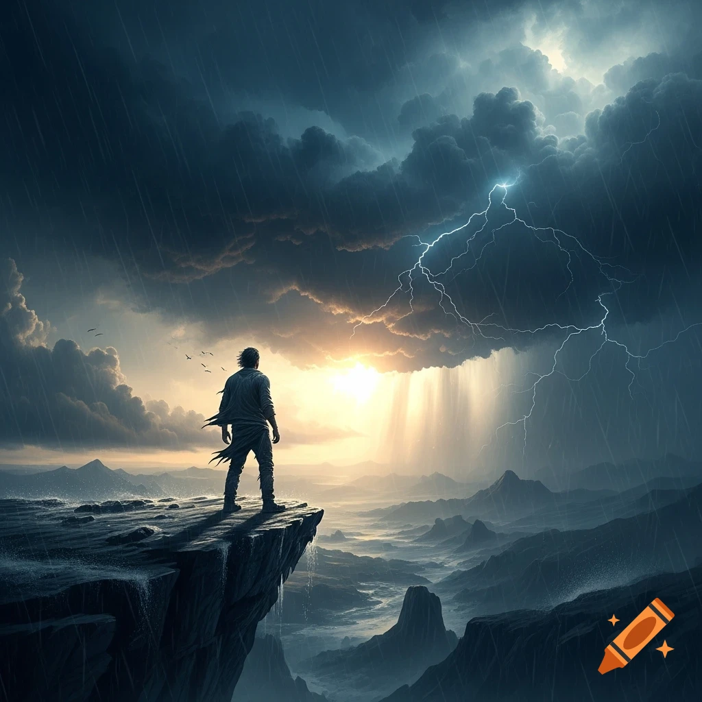 A lone man stands on a cliff overlooking a stormy mountain landscape with lightning and a sunbeam breaking through dark clouds.