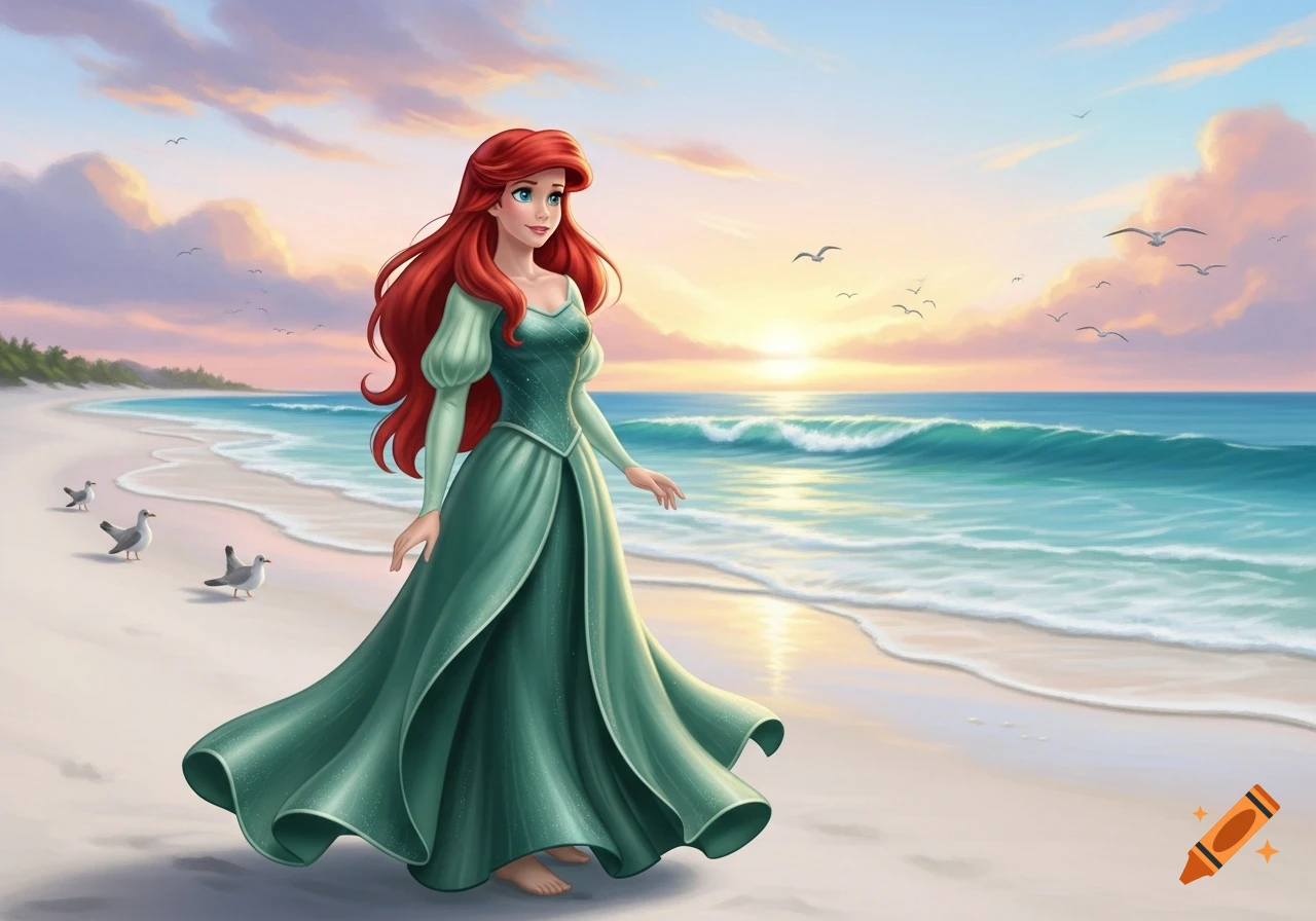 Ariel, with long red hair and a green dress, walks barefoot on a sunny ...