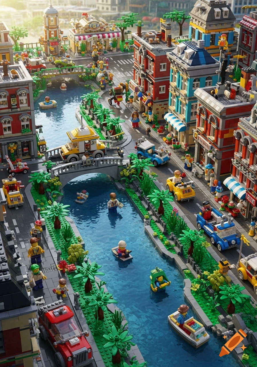 A vibrant, detailed Lego city scene with a canal, bridges, colorful buildings, cars, and numerous minifigures under bright sunlight.