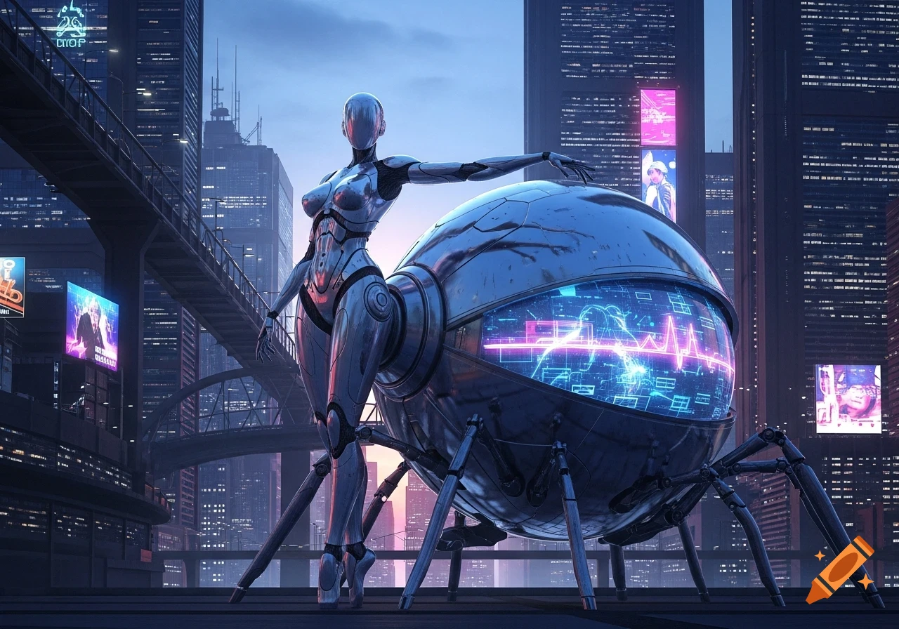 A metallic, humanoid robot with a large, spherical, spider-legged abdomen stands in a futuristic city at dusk, with neon signs and skyscrapers in the background.