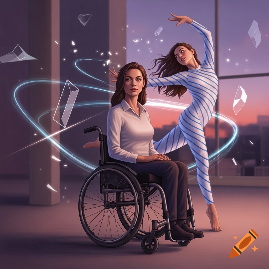 An illustrated image shows a woman in a wheelchair next to a dynamic, dancing version of herself in a striped catsuit, with glowing light trails and geometric shapes in a room with a sunset view.