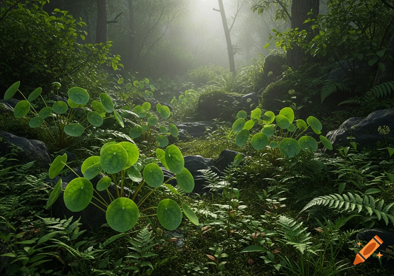 Photorealistic view of Pilea peperomioides plants with round green leaves in a misty, sunlit forest with ferns and moss-covered rocks.