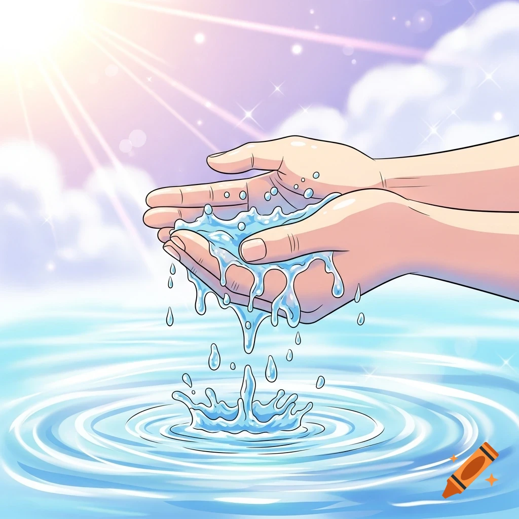 Cartoon illustration of cupped hands holding and spilling water into a rippling surface under a sunny sky.
