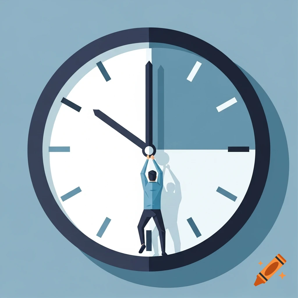 An illustration of a man in a business suit hanging from the minute hand of a large wall clock.