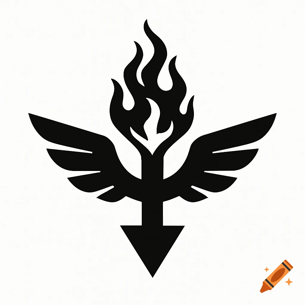 A black minimalist logo features a downward-pointing arrow with stylized flames at its top, flanked by symmetrical wings.