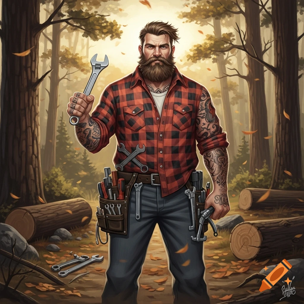 Burly bearded man in a plaid shirt, holding a wrench, standing in a forest with logs, digital illustration.