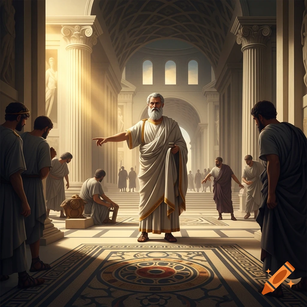 A bearded man in a white toga points, addressing other men in a grand, sunlit classical hall with columns and ornate floors.