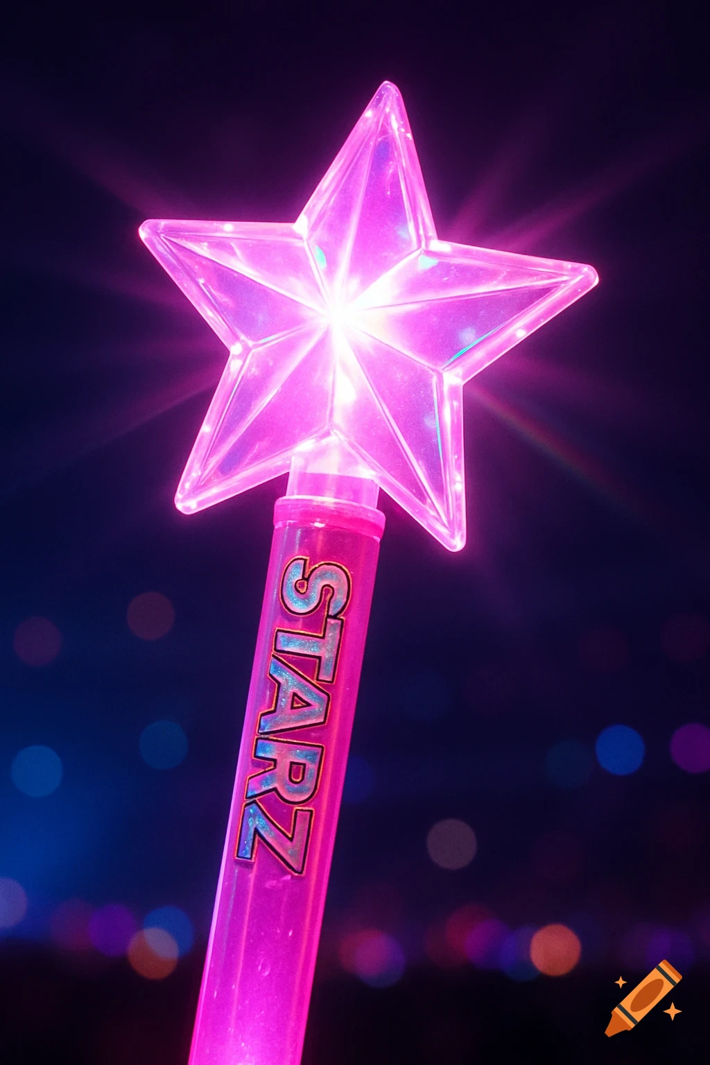 A bright pink star-shaped light stick with the word STARZ vertically printed on its handle, against a dark, blurred background of colorful lights.