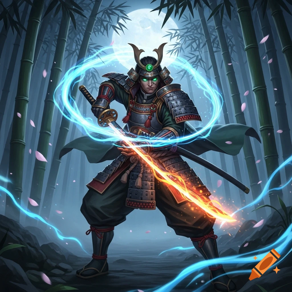 A stylized samurai warrior with glowing green eyes and armor wields a flaming sword amidst blue magical energy in a moonlit bamboo forest.
