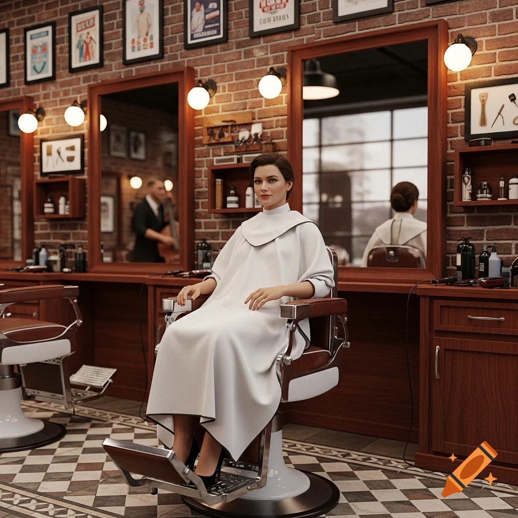 A woman in a white barber cape sits in a vintage barbershop chair, surrounded by brick walls, mirrors, and classic decor.