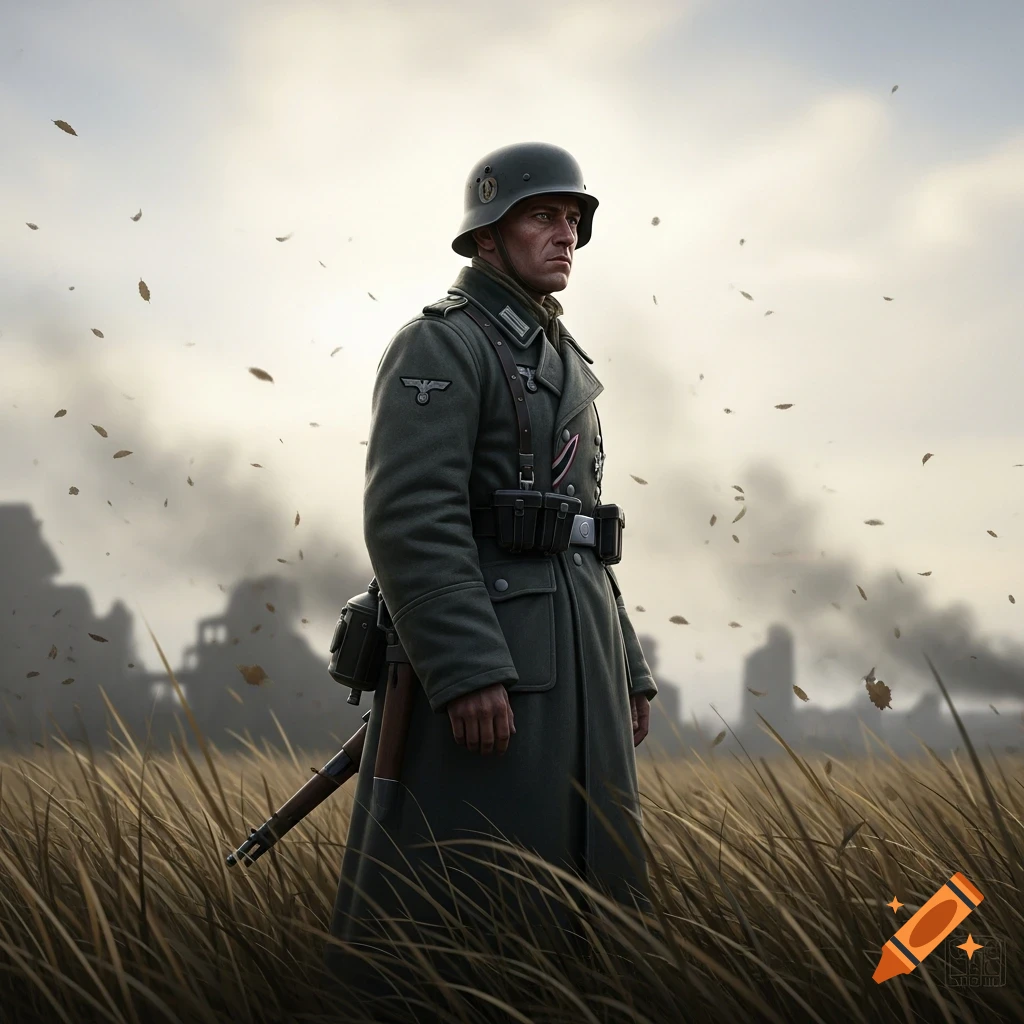 A German World War 2 soldier stands in a field of tall grass with ruined buildings and falling leaves under an overcast sky.