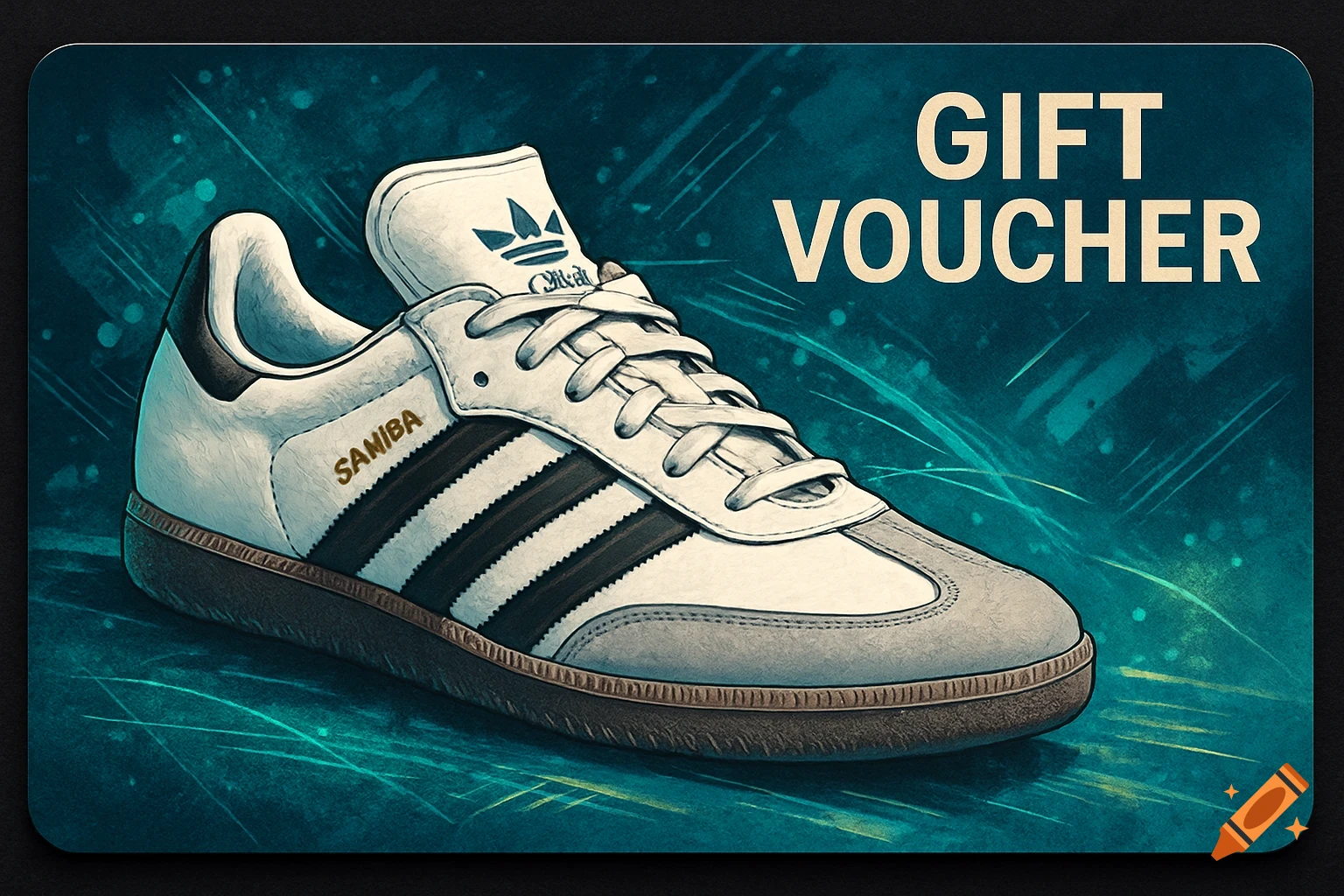An illustrated gift voucher features a white Adidas Samba sneaker with black stripes and 'SAMBA' text, against a teal background with 'GIFT VOUCHER' in bold letters.