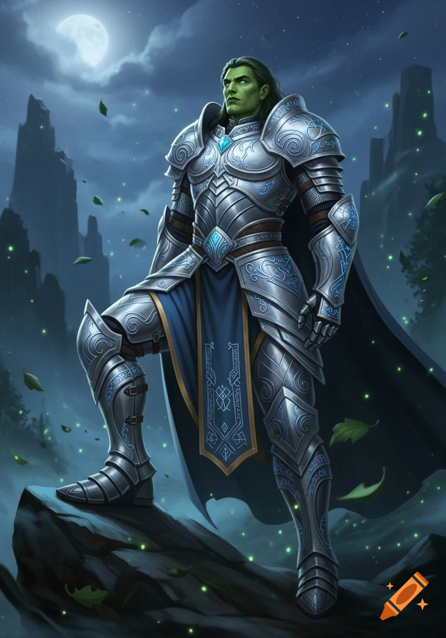 A green-skinned lord in ornate silver armor and a blue cape stands on a rock under a full moon in a fantasy landscape.