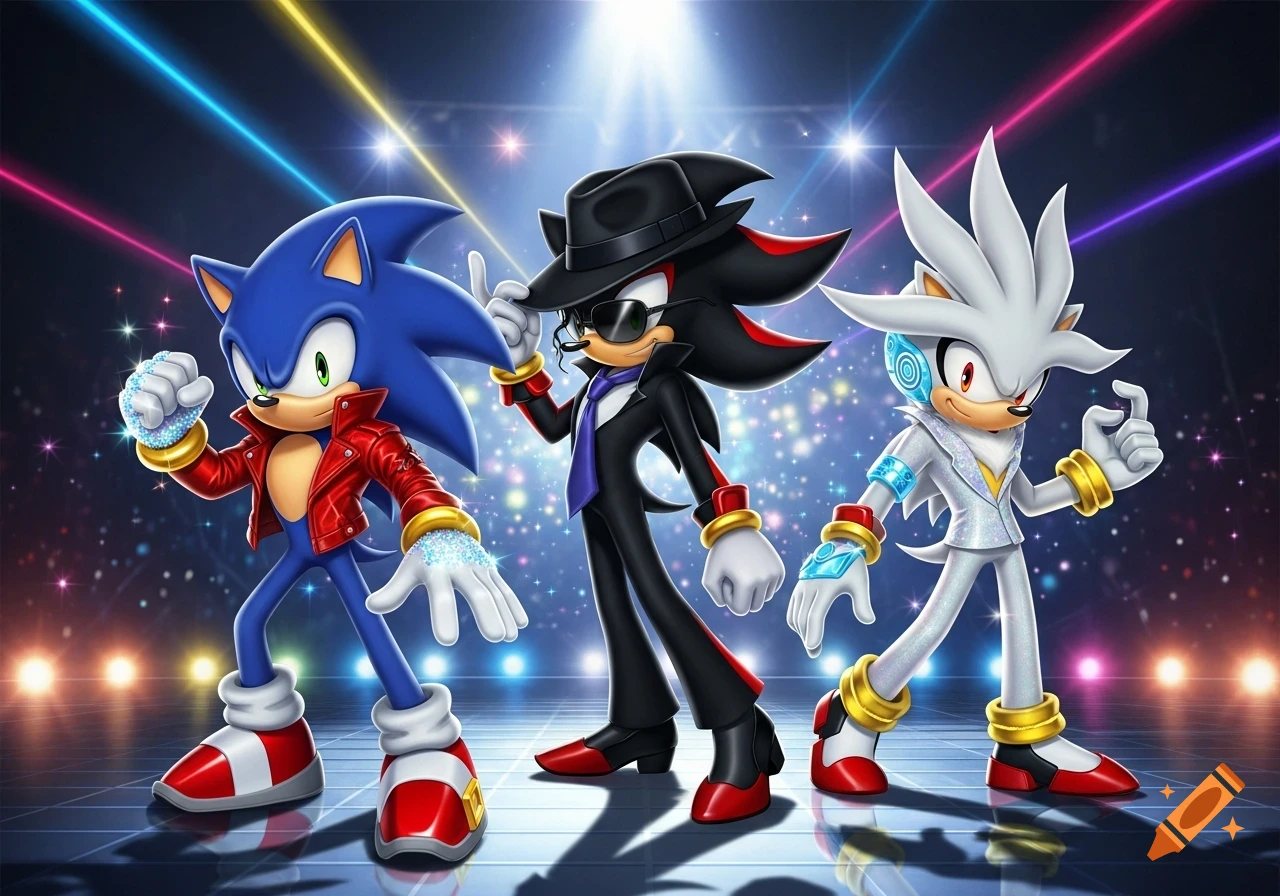 Sonic, Shadow, and Silver the Hedgehogs dressed like Michael Jackson, on a stage with colorful laser lights.