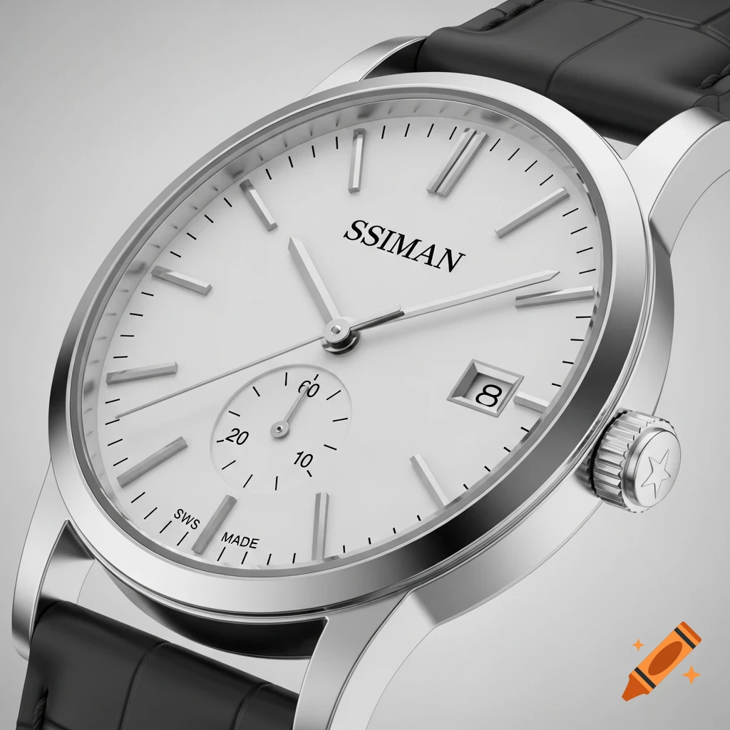 Close-up of a silver luxury wristwatch with a white dial, black leather strap, and a date window showing '8'.